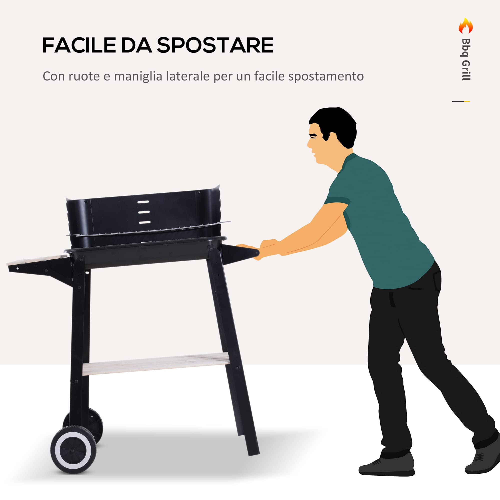 Outsunny Griglia a Carbone Barbecue BBQ Carrello Grill 83x37x87 cm Nero Ferro Legno