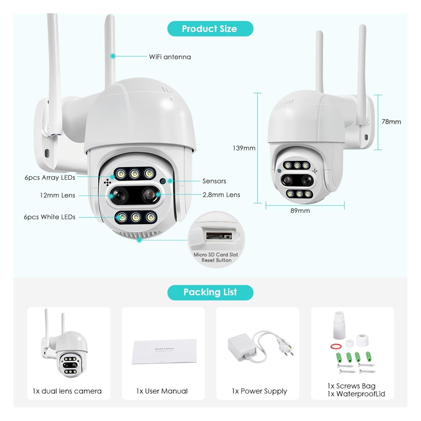 Telecamera WiFi Esterno, 8MP 4K PTZ Telecamera IP 8X Zoom Dual-Lens Human Detect Telecamera CCTV Telecamera di videosorveglianza Esterna CCTV,Sicurezza, Antifurto(8MP,64G SD Card)