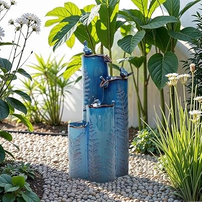 Ultym 32" Outdoor Water Fountain, Ceramic Outdoor Fountain, Stacked 4-Tier Vase Waterfalls for Garden, Patio, Yard, or Porch Decor, Creating Relaxing Serene Oasis, Embossed Leaf Pattern, Turquoise