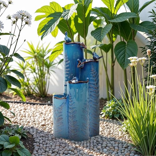 Ultym 32' Outdoor Water Fountain, Ceramic Outdoor Fountain, Stacked 4-Tier Vase Waterfalls for Garden, Patio, Yard, or Porch Decor, Creating Relaxing Serene Oasis, Embossed Leaf Pattern, Turquoise