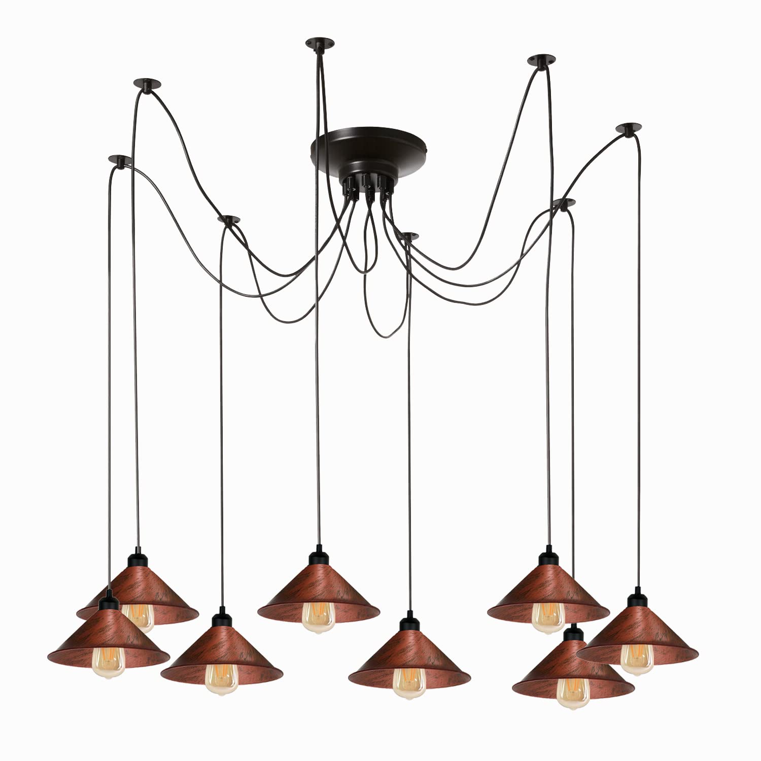 LEDSone 8 Heads Spider Pendant Light Industrial Metal Cone Shades with E27 Lamp Holder Adjustable DIY Vintage Hanging Ceiling Spider Pendant Lamp for Living Room Bedroom Bar Cafe (Rustic Red + Bulb)