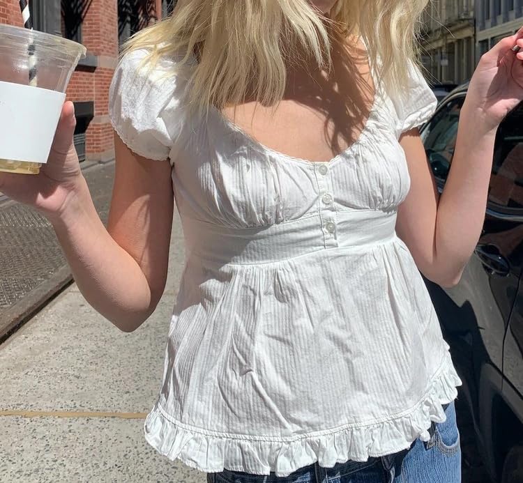 Women Y2k Gingham Top Lace Trim Scoop Neck Short Sleeve Tees Ruffle Hem Aesthetic Shirt Coquette Clothes2