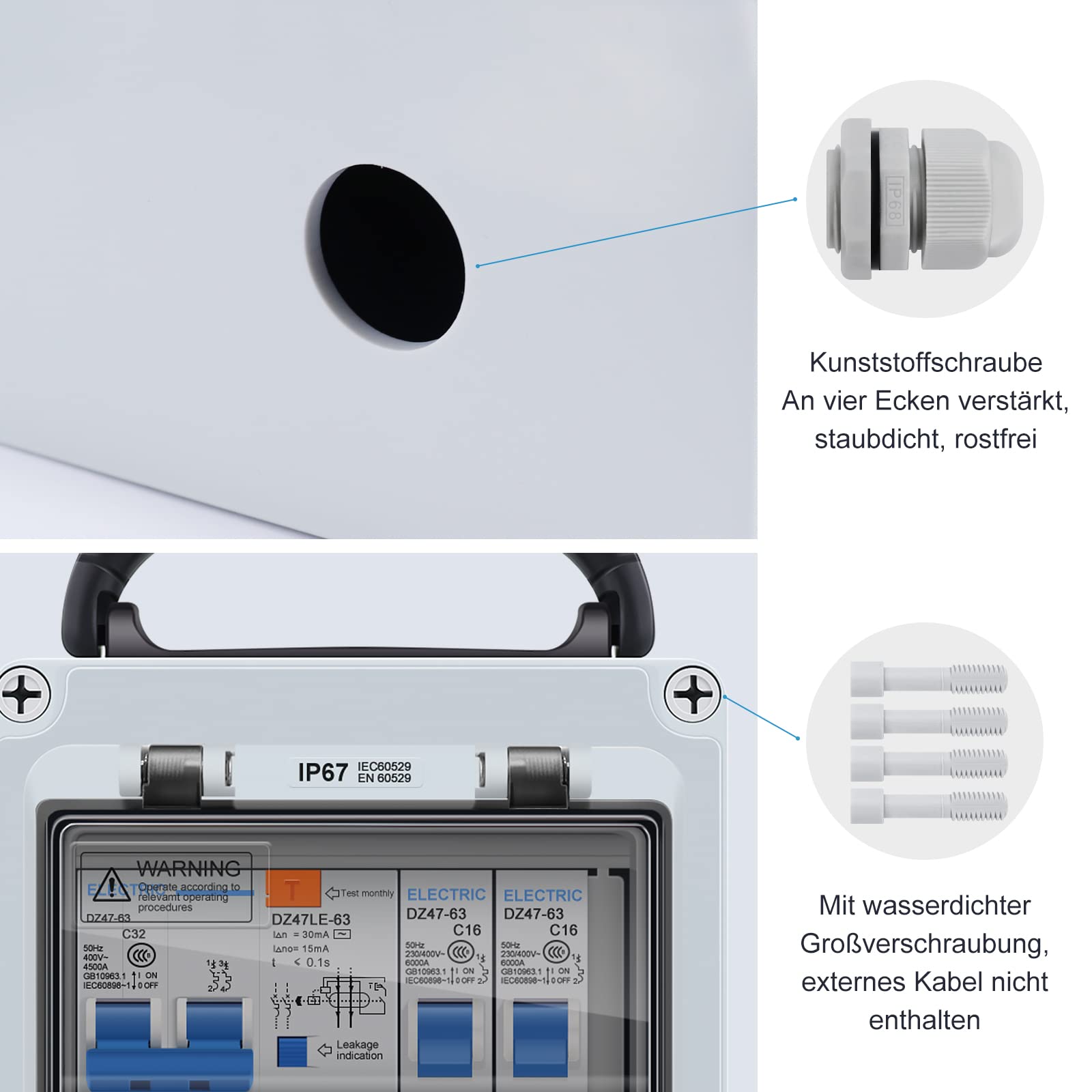 HITRENDS Distributore di corrente da parete, precablato, 4 prese Schuko da 230 V, 1 interruttore FI 32 A + 2 interruttori LS 16 A, IP67, impermeabile per interni ed esterni