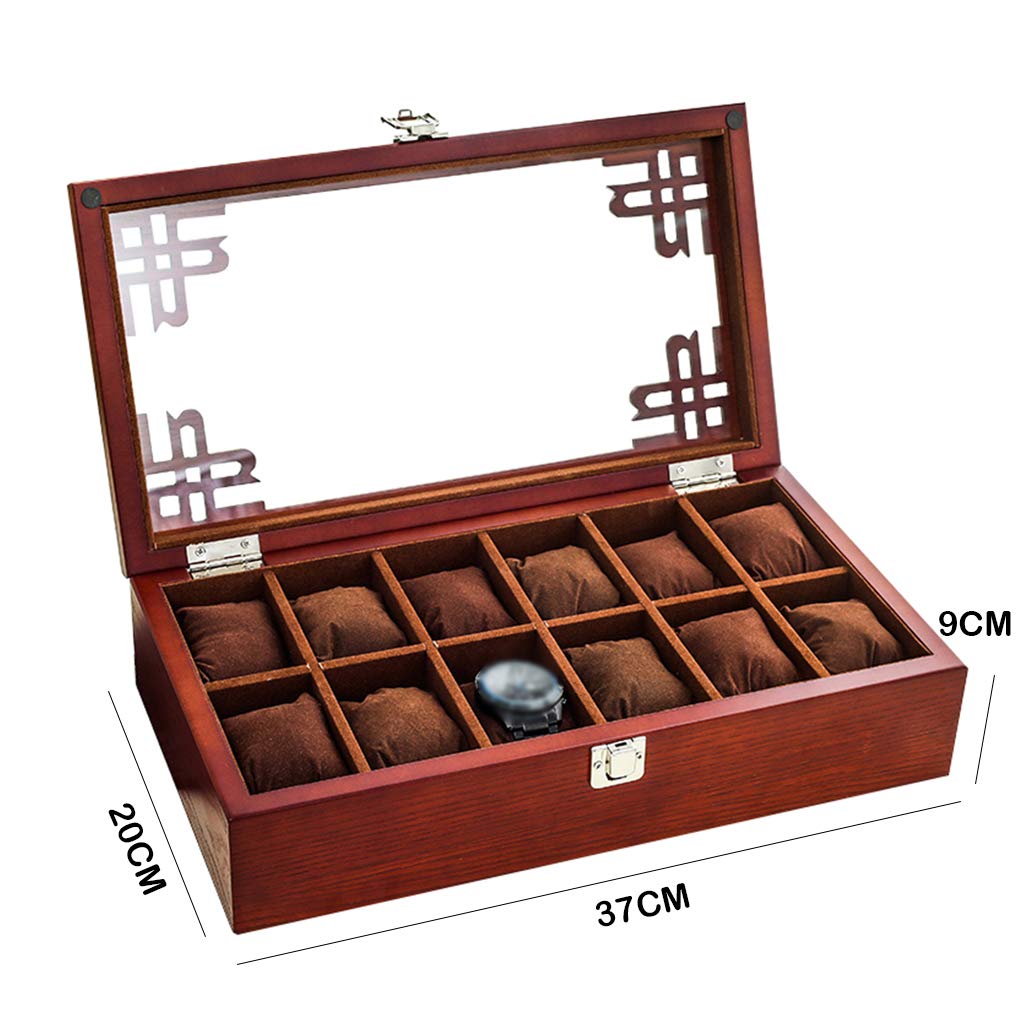 MUSUMI Caja de reloj de Madera con tapa de vidrio,caja de almacenamiento de joyería de lujo para 12 relojes,organizador de gemelos con almohada de almacenamiento extraíble y Hebilla de Metal