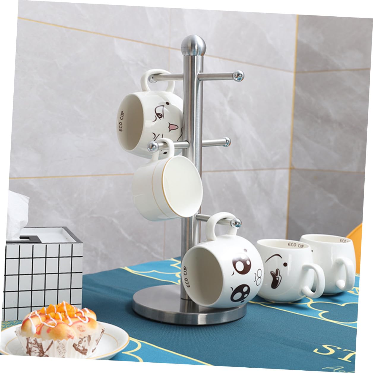 VALICLUD Porte-tasses pour Suspendre et Exposer Tasses en Acier Inoxydable Argenté Design à Six Crochets pour Cuisine ou Table