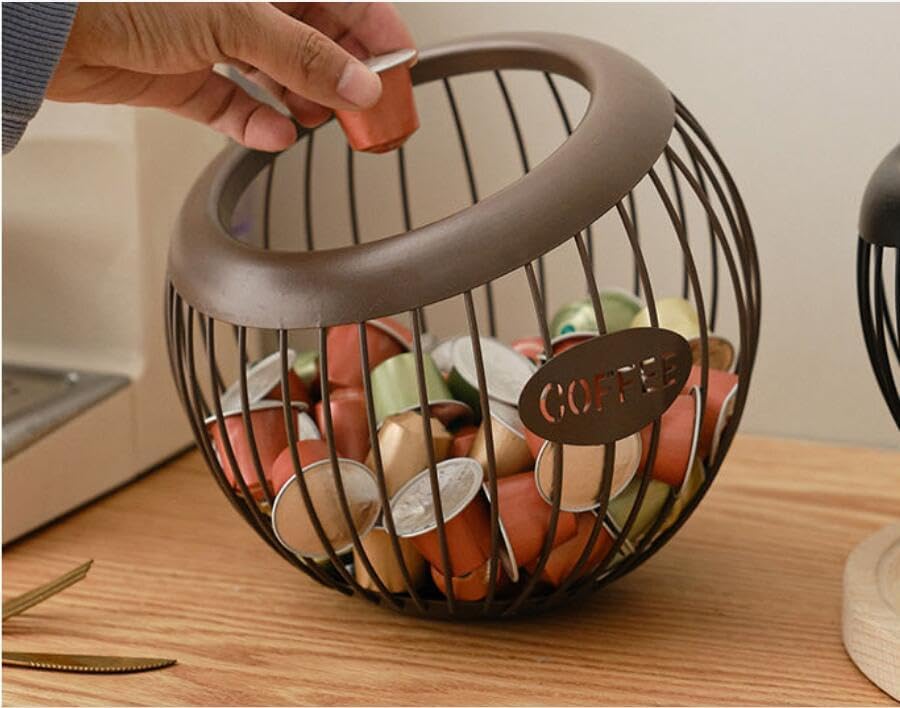 1PCS Coffee Pod Holder Iron Large Capacity K Cup Holder Espresso Coffee Capsule Storage Basket for Counter Coffee Bar Espresso Coffee Pod Organizer for Counter Fruit Bread Snacks Storage Gold
