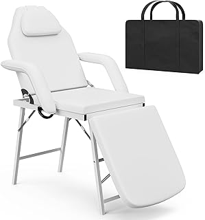 ONPNO Portable Beauty Bed, Adjustable Massage Table with Storage Bag, Folding Salon Tattoo Chair for Facial, Spa, Lash, White