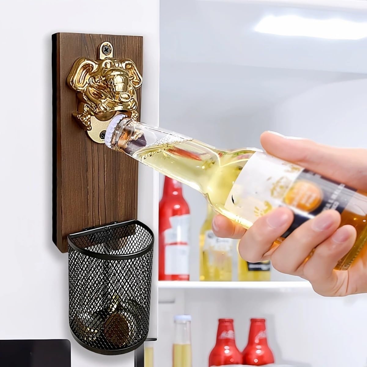 Abridor De Botellas De Cerveza De Pared Con Recogecápsulas – Forma De Elefante En Aleación De Zinc Y Madera Maciza, for Nevera O Pared, Perfecto for Bar Casero, Cocina(2 pcs)