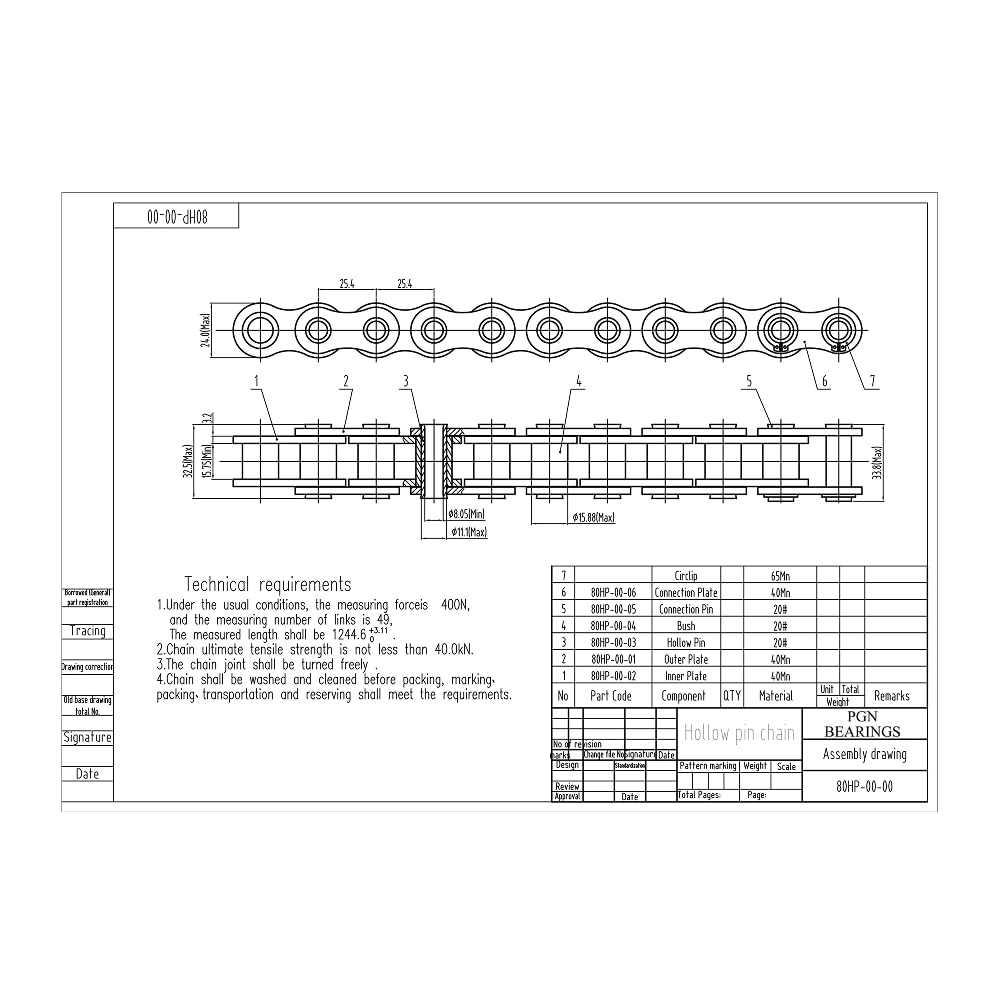 PGN #80HP Hollow Pin Roller Chain x 10 feet + 2 Connecting Link