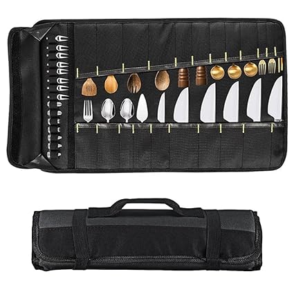 Zibuyu Kitchen Cutlery Organizer Bag with 22 Slots Professional Chef Knife Roll Bag Anti Scratch Oxford Cloth Portable Traveling Cutlery Bag Professional Chef Accessories - Black
