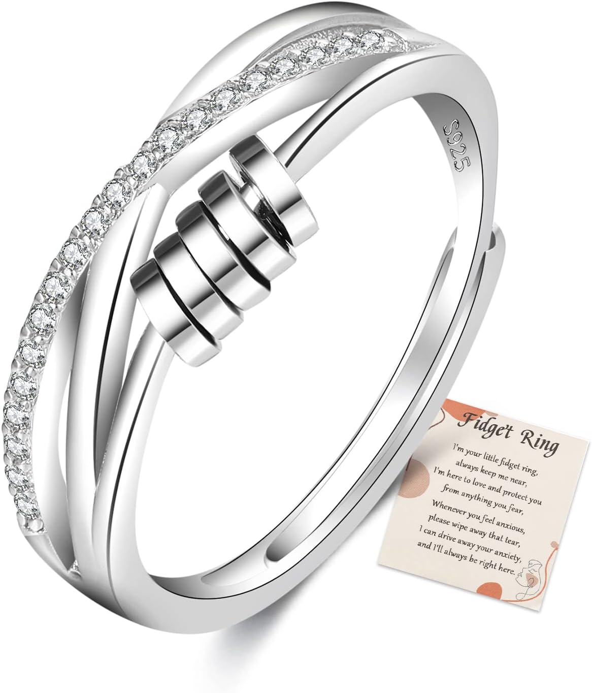 LOUMILEOLOUMILEO Sterling Silver Anxiety Rings for Women Fidget Rings for Anxiety Women Daughter Fidget Ring Adjustable Spinner Rings for Girls Cubic Zirconia Stress Relief Spinner Rings with Box