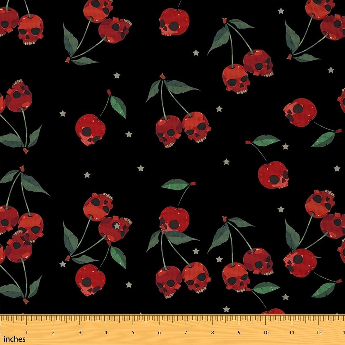Feelyou Halloween Theme Fabric by The Yard 5 Yards Kids Skull Pattern Upholstery Fabric for Boys Girls Black Red Cherry-Shaped Skull Bones Print for Home DIY Projects, Waterproof Indoor Outdoor Decor
