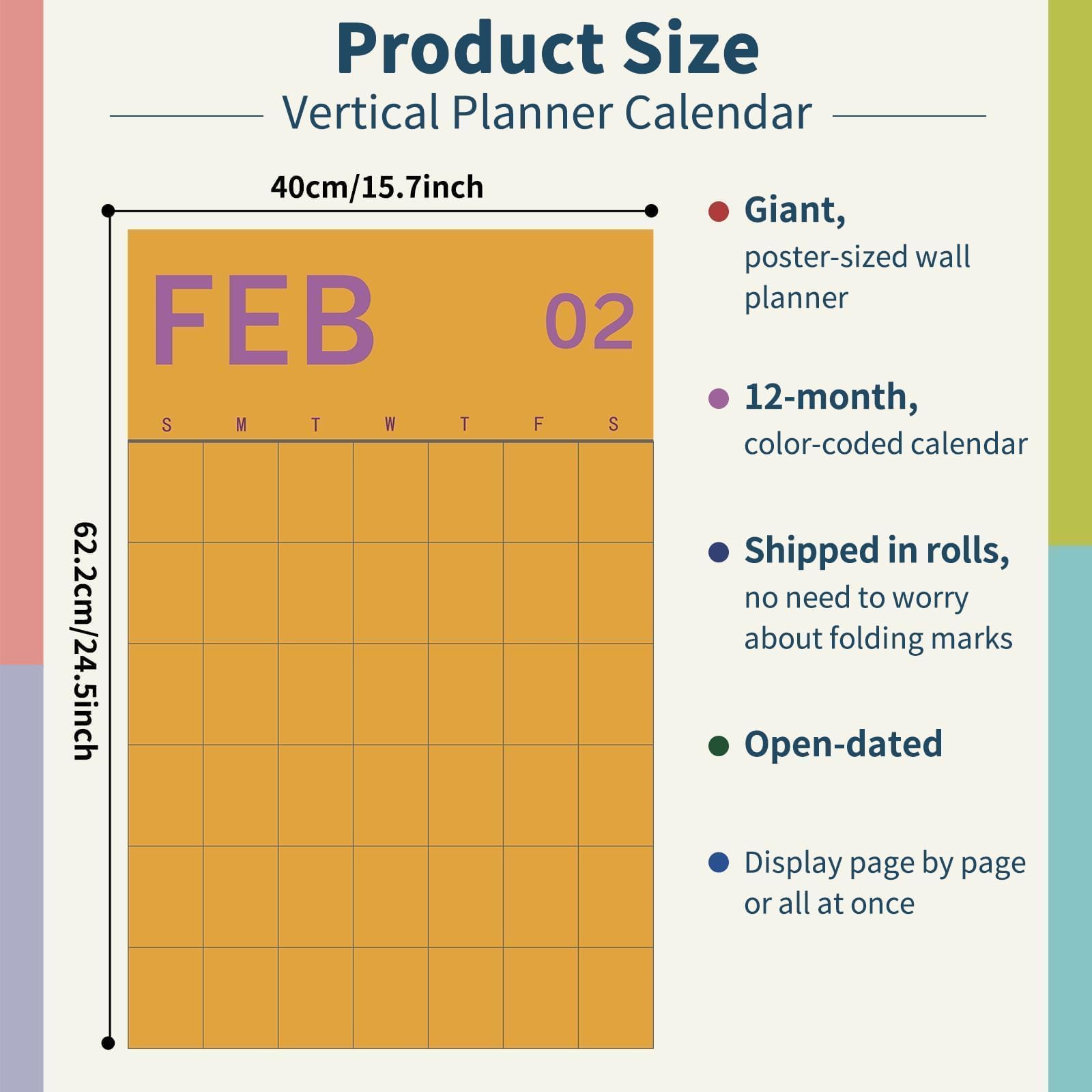 Justforjoyful Calendarios de pared verticales mensuales sin fecha, tamaño grande, planificador de pared de 12 meses con calcomanías adhesivas, calendario mensual de papel colorido 2025 para la