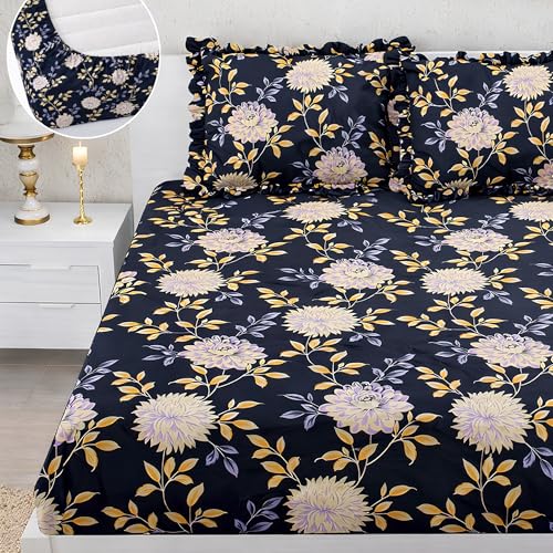 Image of 350 TC Premium Heavy Cotton Feel Elastic Fitted Bedsheet King Size with 2 Frill Pillow Covers King Size || Double Bed with All Around Elastic (Floral, Fitted - 72 inchx78 inch King)