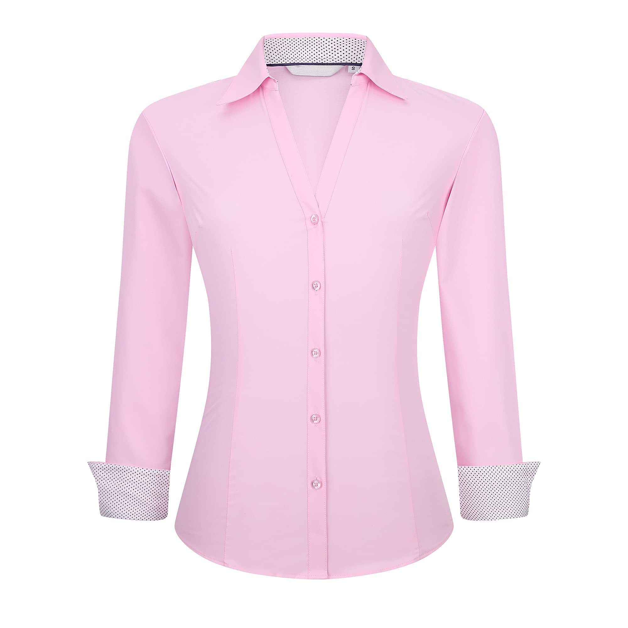 WARHORSEE Camisa de manga larga con botones para mujer, cuello en V, fácil cuidado, elástica, casual, para negocios