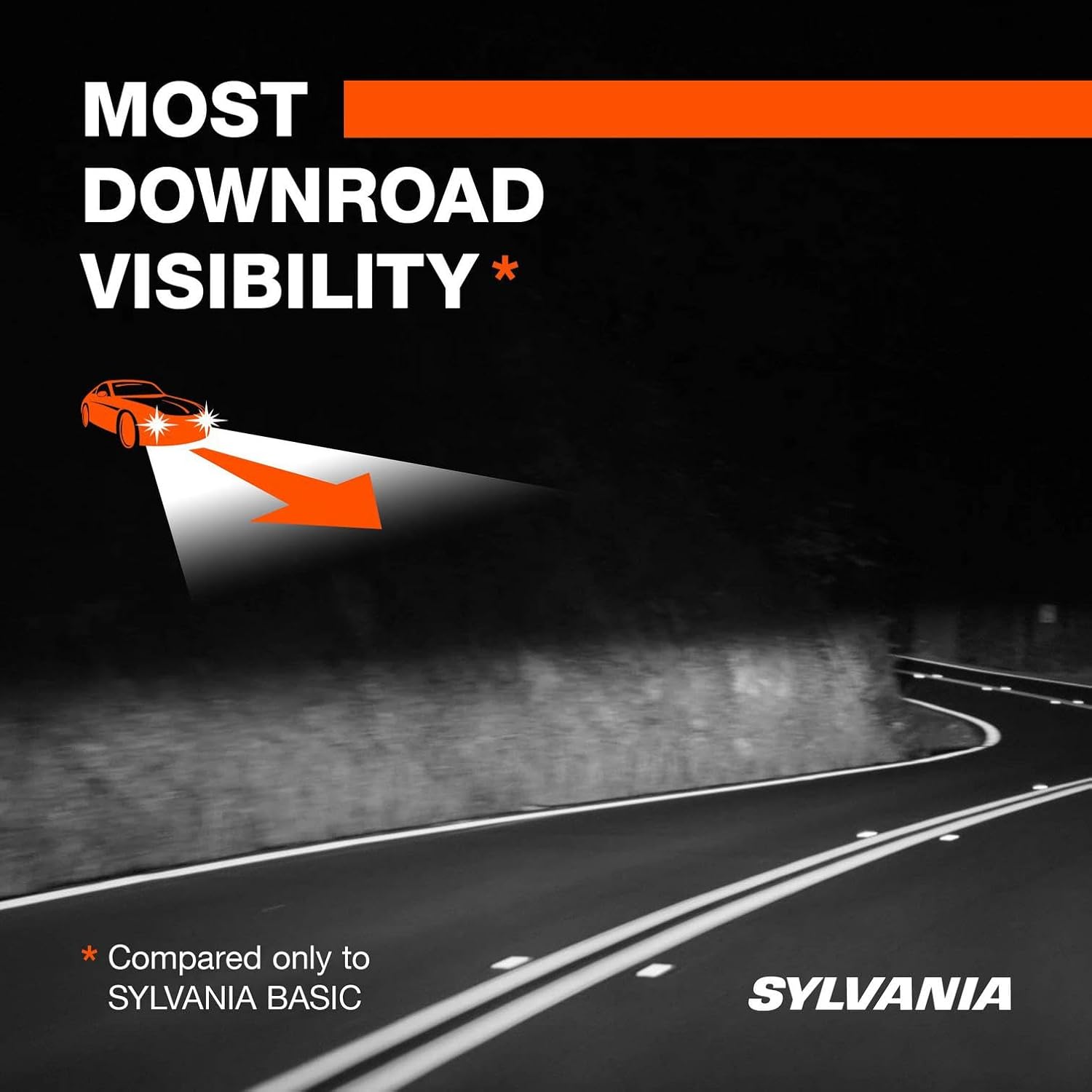 Illustration of a car's headlight beam showing extended downroad visibility, with text 'MOST DOWNROAD VISIBILITY'