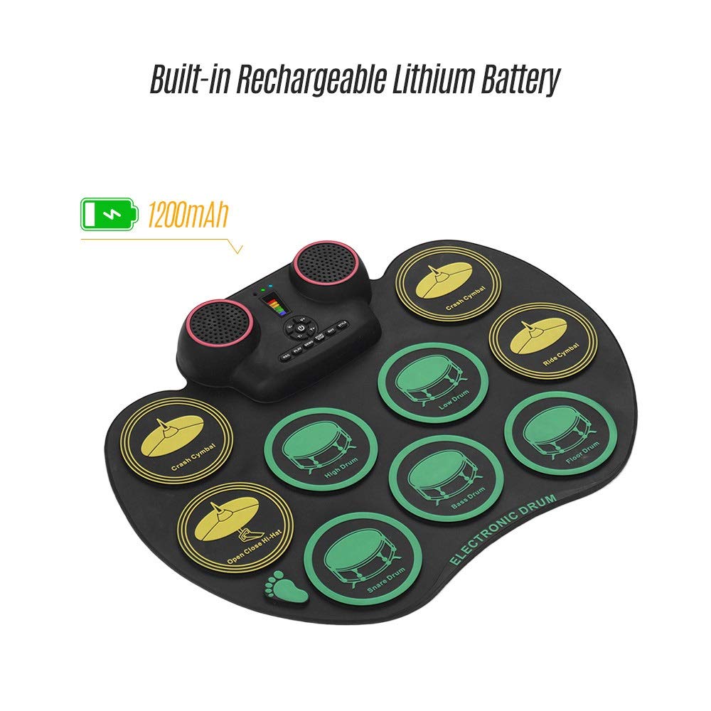 Batteria Elettronica Roll Up Drum Kit Silicone Drum Practice Practice 10 Drumpads Batteria Altoparlante Incorporato con Batteria e Pedali a Piedi Batteria Elettrica