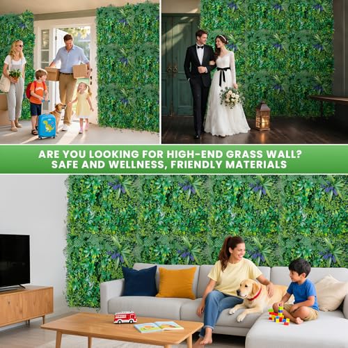 Artificial Grass Wall Panels for Indoor Outdoor, 12 Pack 20"x20" (33.4 Sq.Ft), Boxwood Panels, Greenery Backdrop for Home & Event Decor for Wedding with DIY Vines, Violet Flower, Light Strip