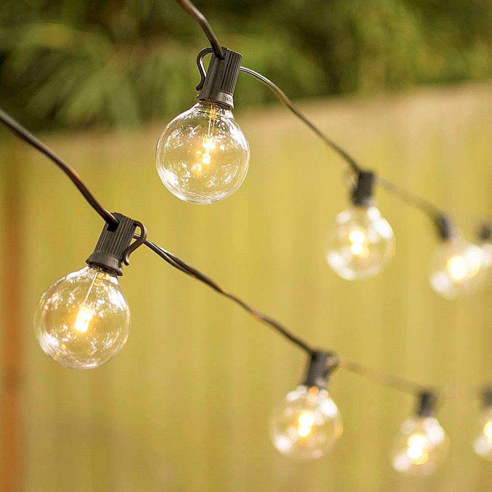 Couah Guirlande Lumineuse D'extérieur G40 De 7,6 M Avec 27 Ampoules Globes Transparentes (2 De Rechange) Pour Décoration Commerciale Intérieur/ Extérieur, 25 Douilles Suspendues, Base 5 W/E12 – Fil