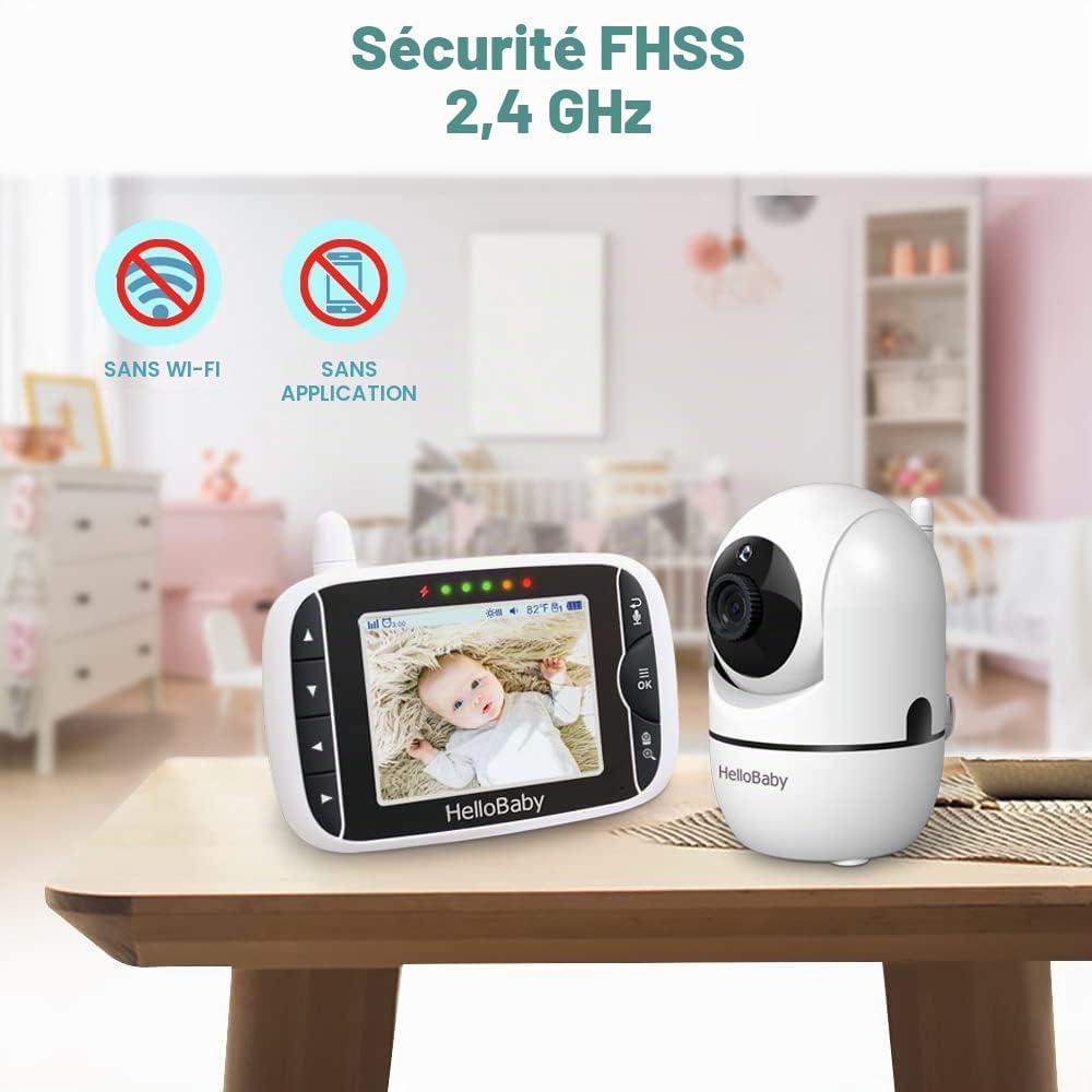 HelloBaby Babyphone Caméra Moniteur Vidéo 3,2 inches LCD Babyphone Vidéo Bébé Surveillance avec 2 Caméras, 360° PTZ Camera Bebe Surveillance, Vision Nocturne (HB65)