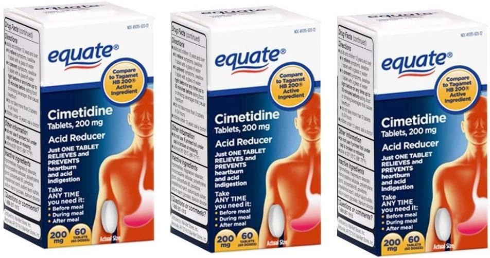 Cimetidine 200 mg - Heartburn Relief, Stomach Acidity Reducer by Equate, 60 Tablets (Pack of 3)