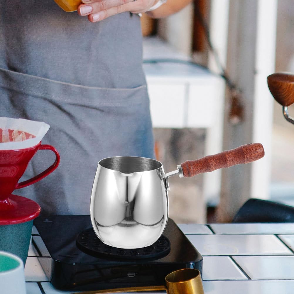 Milk Frothing Pitcher 12 Oz Stainless Steel Espresso Frother Cup with Wooden Handle for Latte Art and Coffee Steaming