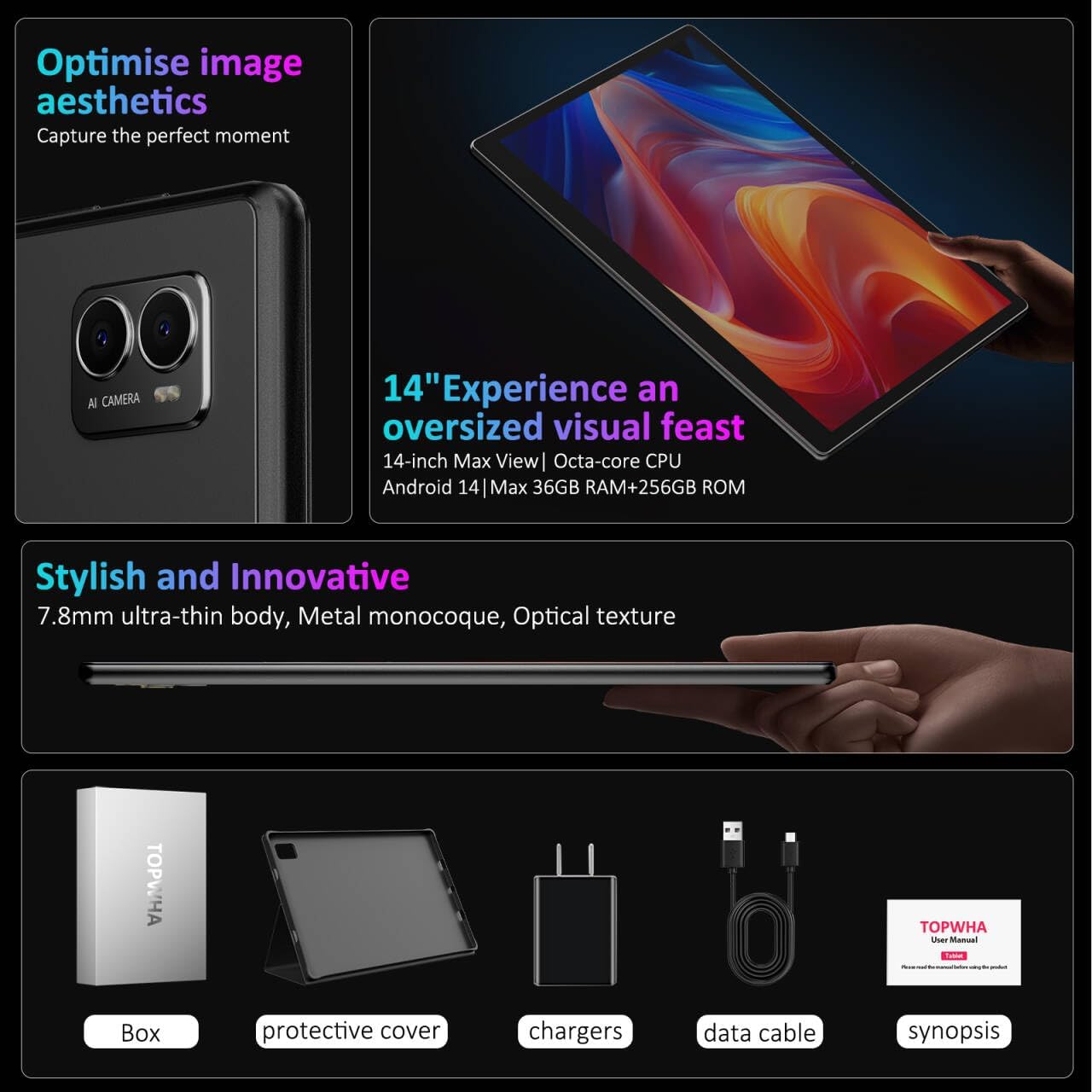 Tablet 14 Inch Android 15 Tablets, 2000*1200 IPS Display Tablets, 256GB Storage(Expand to 2TB) + 36GB,11580 mAh 18W PD Fast Charger, 8 Core CPU,4 Speakers, 5G WiFi, 8+13MP, Tablet with Case - Black