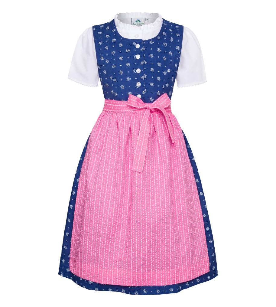 Isar Trachten Ragazza Vestito Tradizionale Bavarese per Bambine Blu Marino Rosa Fucsia con Blusa, Blu Marino Rosa Fucsia Marine Pink