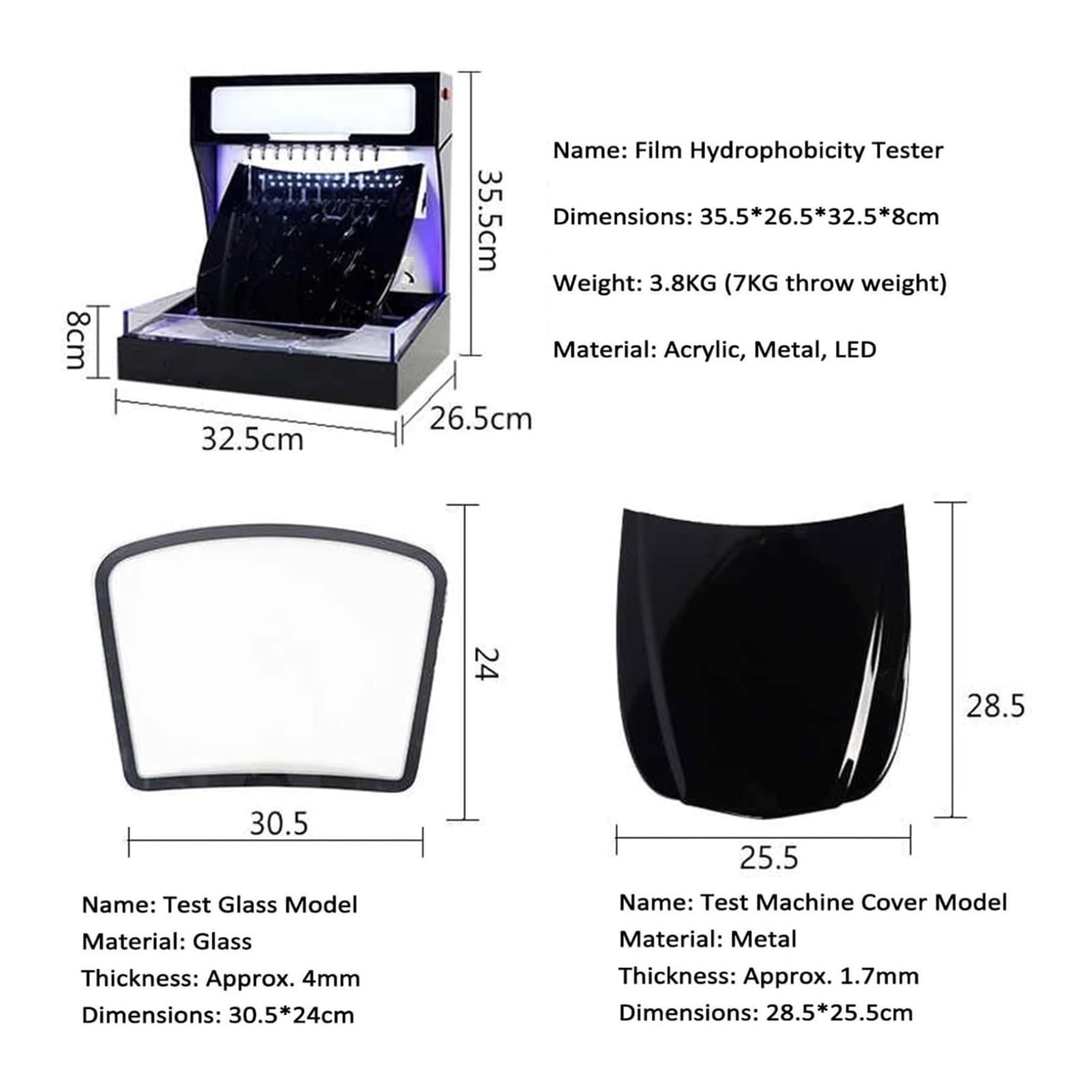 Macchina for test idrofobico, tester for idrofobicità dei finestrini dell'auto con modello di pompa e cappuccio, luce a LED, presa d'acqua in acciaio inossidabile(F)
