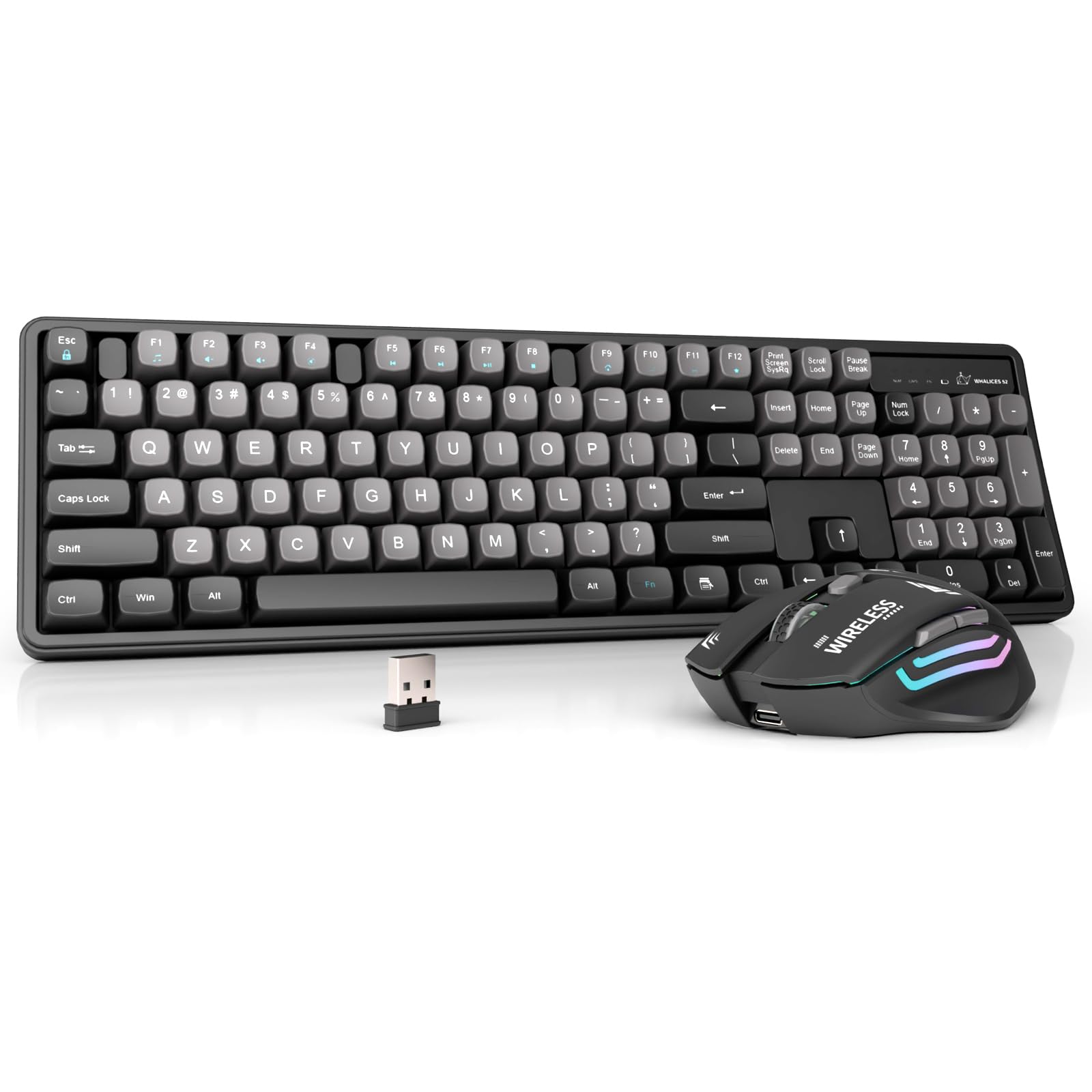Whalices 52 Wireless Keyboard & Mouse Combo, Rechargeable Full-Size Ergonomic 2.4GHz Lag-Free, Quiet, Perfect for Home Office, Windows PC & Laptop (Gray-Black)