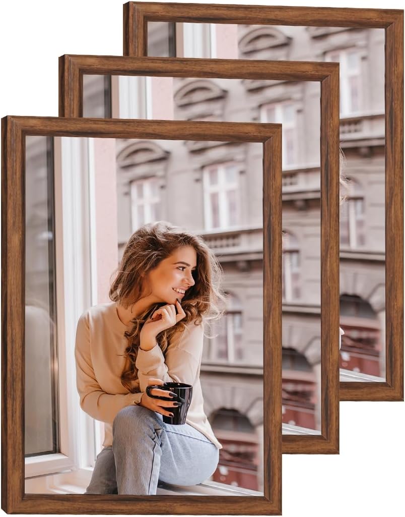 3 Pack 12x16 Wood Picture Frame Brown, Rustic Natural 16x12in frame Woodgrain, Distressed Brown 12 x 16 in Wall Photo Poster Frame with HD Plexiglass, Horizontal Vertical Wall Mounting Set of 3 Brown 12x16