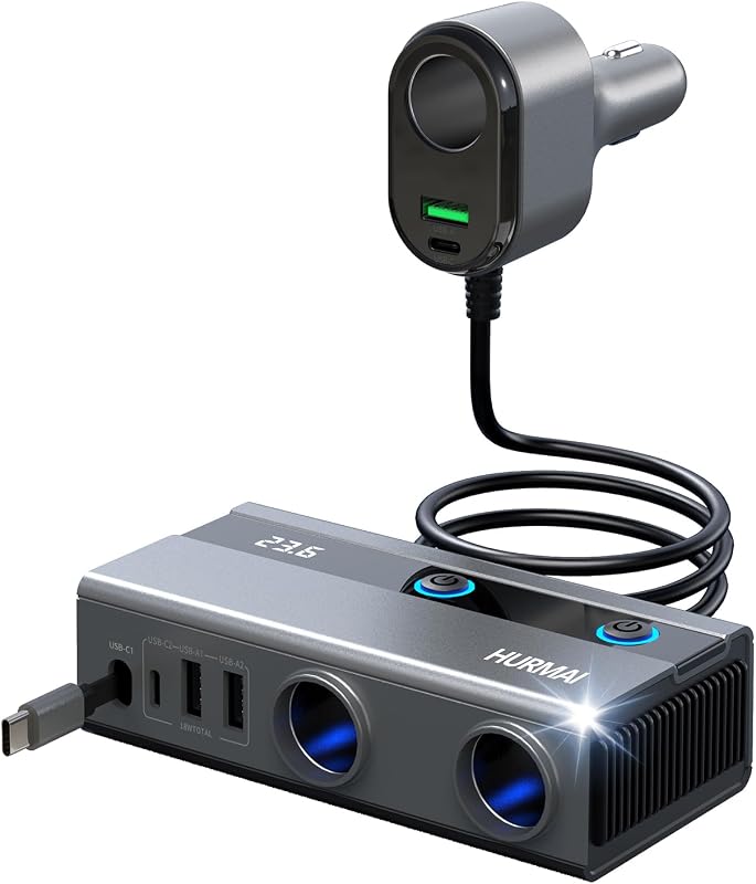 Divisor de acendedor automotivo HURMAI 9 em 1 com cabo retrátil, USB-A/USB-C, 120 W e visor LED – 1 unidade