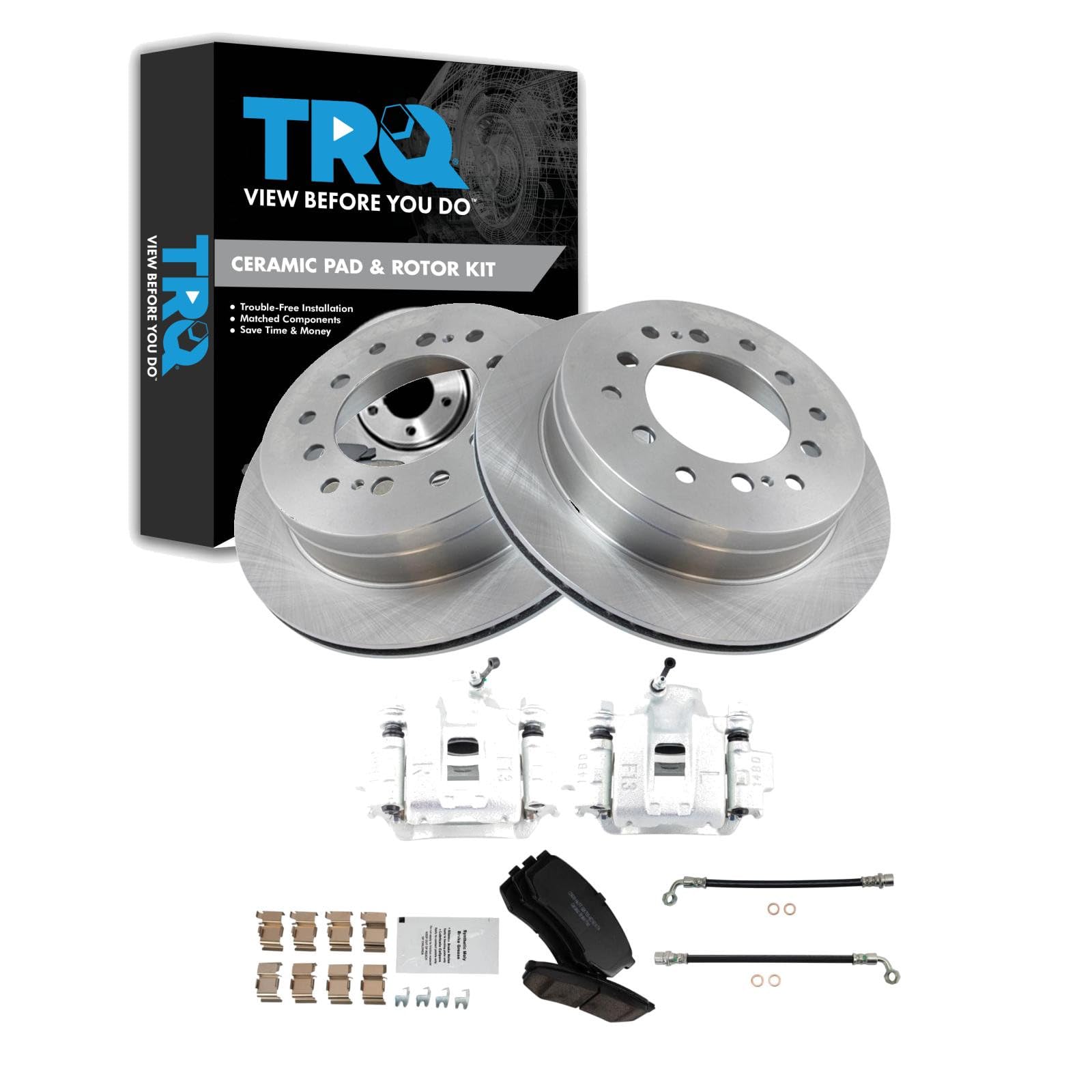TRQ Rear Brake Pad and Rotor Set Ceramic Rotors Calipers Compatible with 2003-2009 Toyota 4Runner 2007-2009 FJ Cruiser