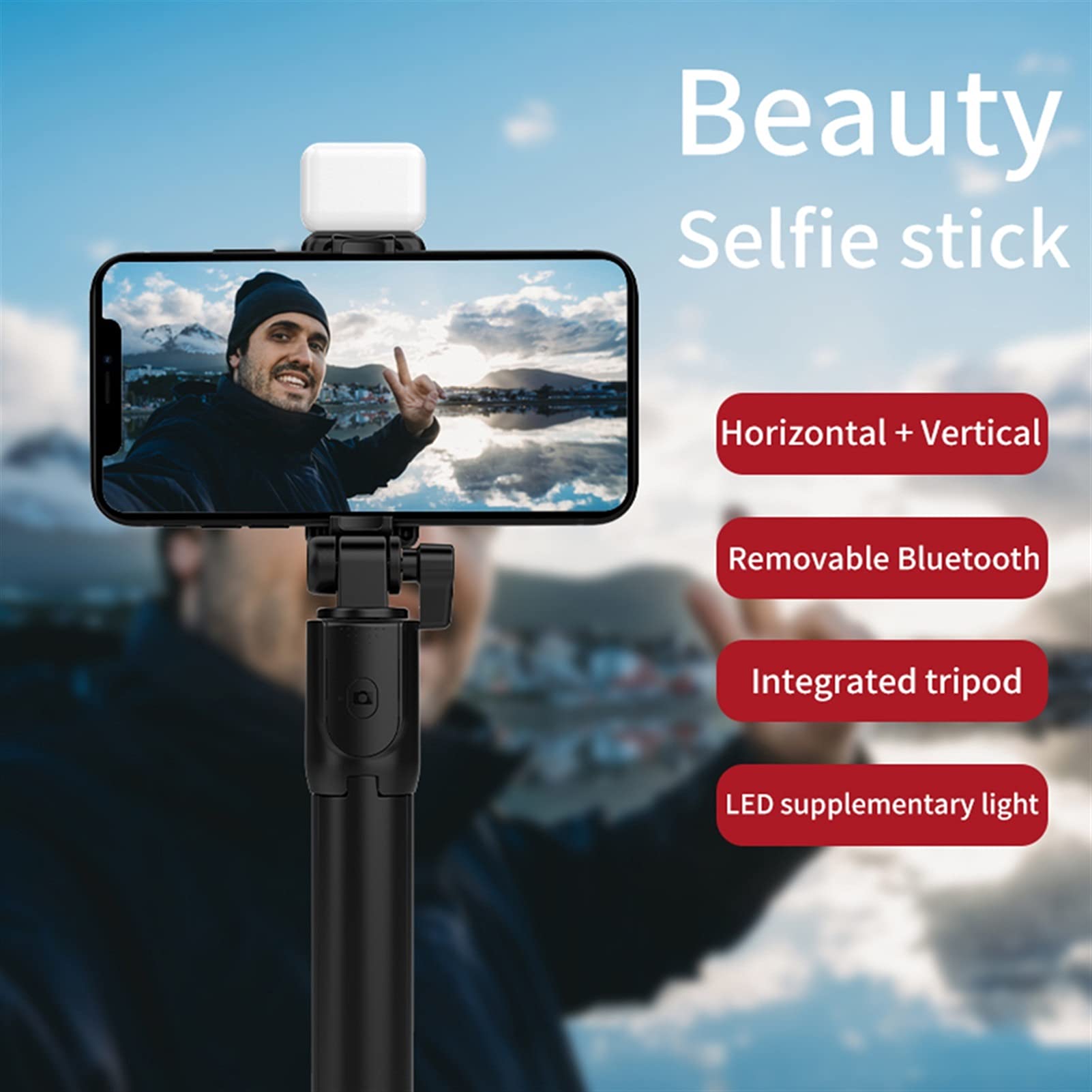 SCRUBY Bastone per selfie per telefono, regolabile, pieghevole, estensibile, monopiede con telecomando wireless Bluetooth (nero)