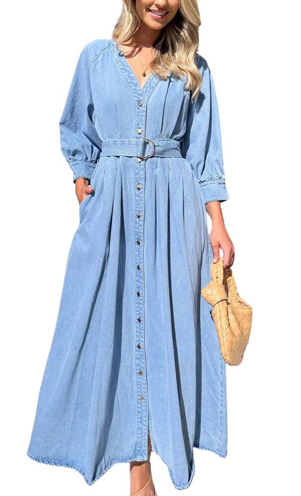 Women's Boho V-Neck Button Down Swing Maxi Denim Dress 3/4 Sleeve Casual Belted Long Jean Dress