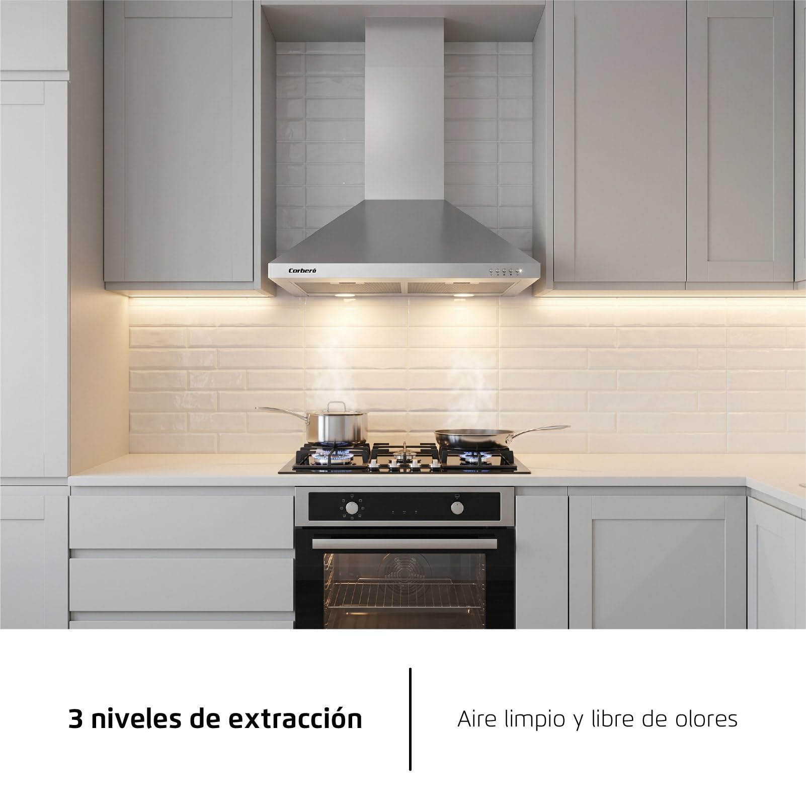 Corberó - Ozdobny dzwonek piramidowy Inox | 70 cm | KURAMATHI760X | Przepływ 621,71 m3/h | 165W | 3 prędkości | 2 filtry aluminiowe | Filtr węglowy | Efektywność energetyczna A, stal nierdzewna