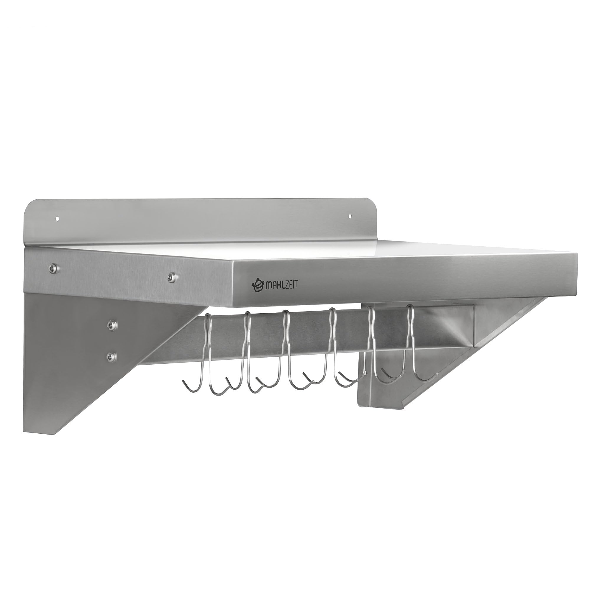 Mahlzeit Estante de Pared de Acero Inoxidable con Barra de Ganchos | 60 x 30 cm | Estante Colgante | Estante Cocina de Acero Inoxidable, Estante Flotante, Estante de Pared | Estantería para Cocina