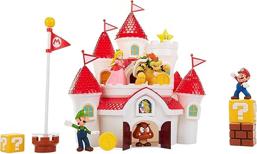 Super Mario Nintendo Deluxe Mushroom Kingdom Castle, Wall Display & Playset with (5) 2.5" Articulated Action Figures (Exclusive Bowser Figure, Princess Peach, Mario, Luigi & Goomba)