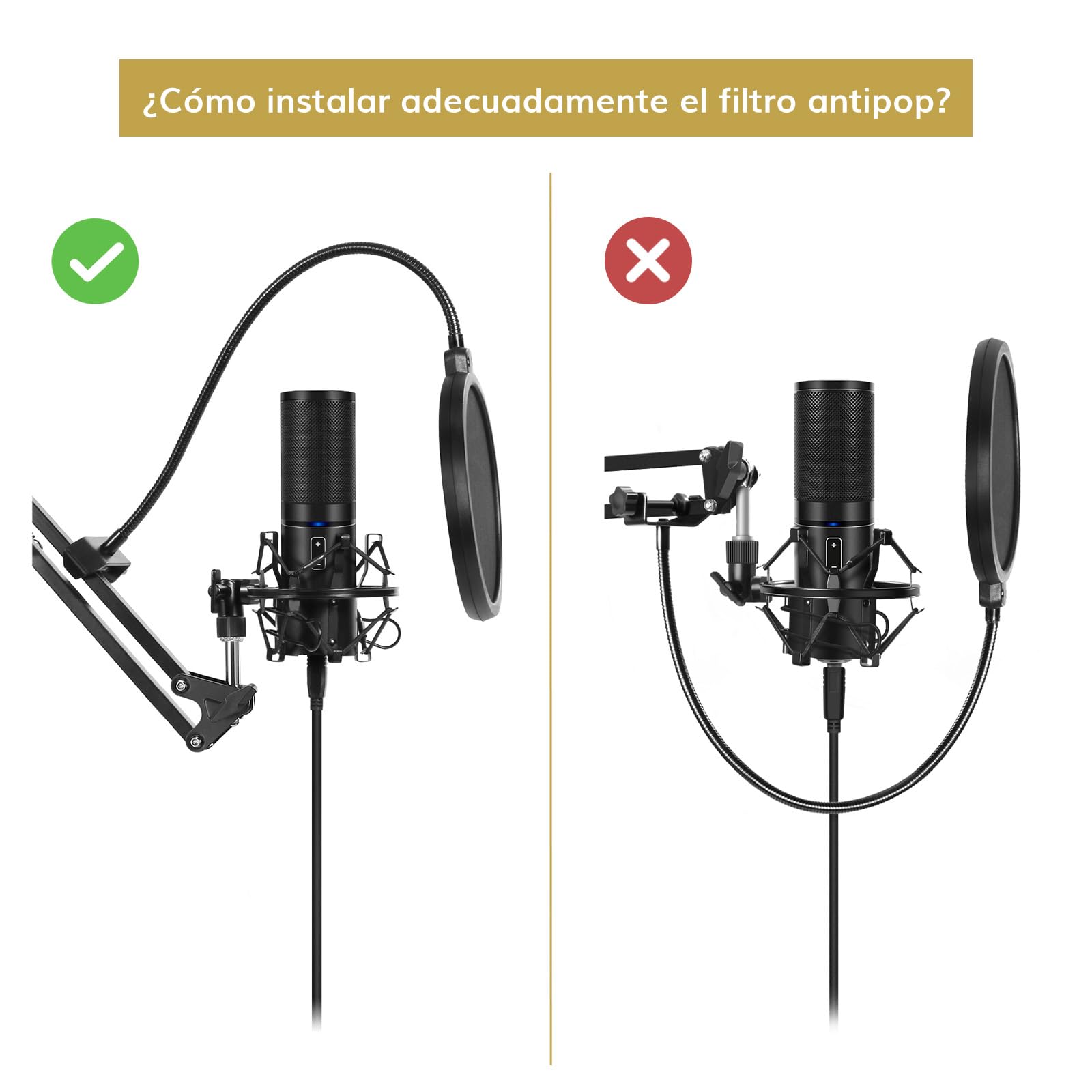 TONOR Soporte de Micrófono ajustable con filtro pop, Brazo de micrófono, abrazadera resistente mejorada para Podcast/Streaming/Estudio Grabación, Adaptador 3/8" a 5/8", 35 cm +35 cm, T20