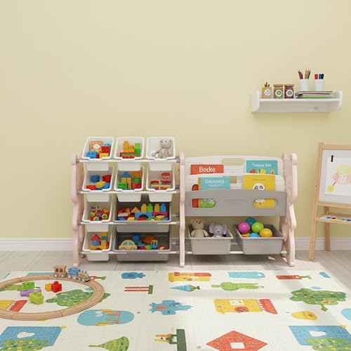 Miniatura 9 de Kids Toy Storage Organizer with 12 Bins and 2-Tier Bookshelf, Pink Polyethylene Storage Unit, 56.1x14.17x33.86 Inches, for Playroom, Bedroom,