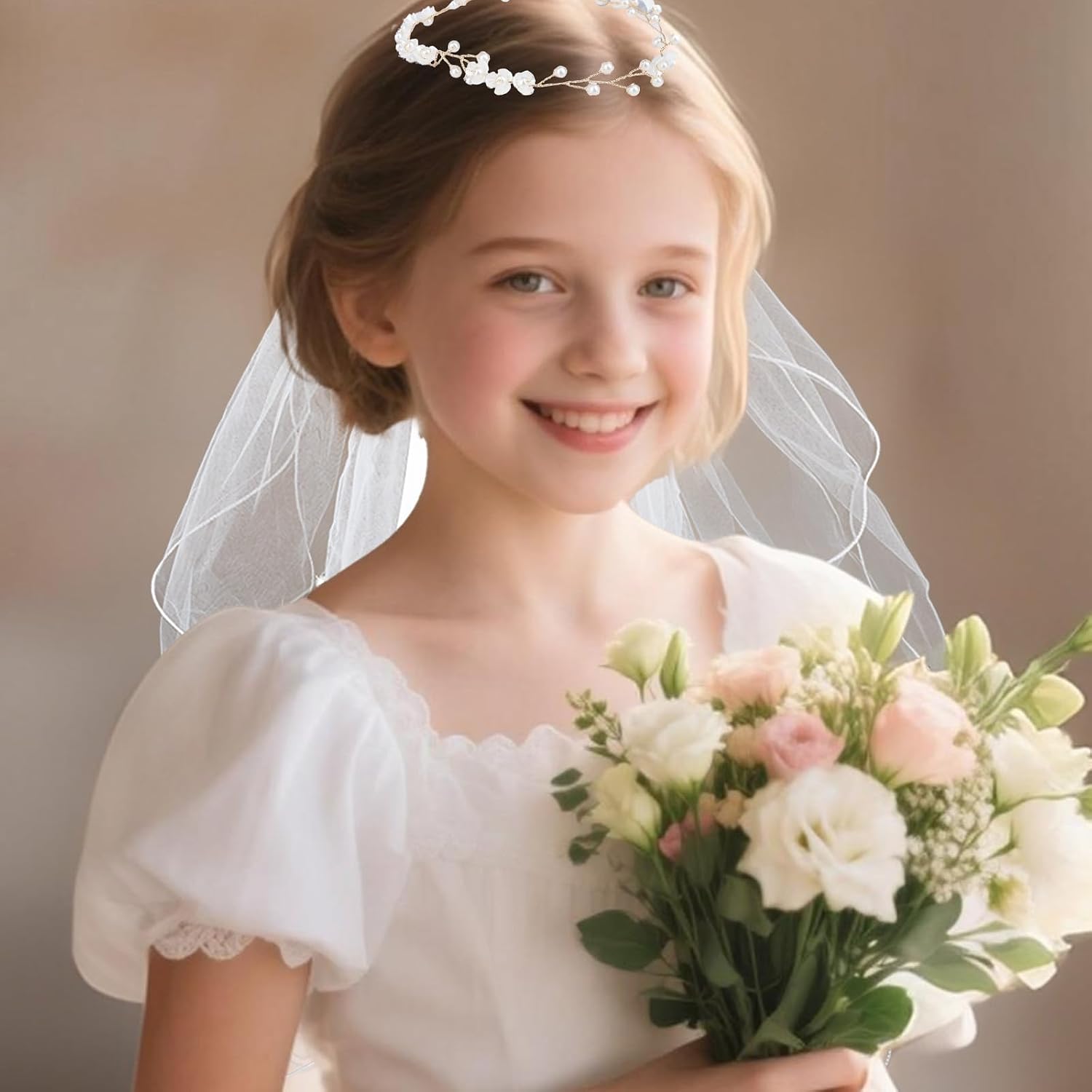 First Holy Communion Veil Set for Girls, White Ivory Tulle Veil with Pearl Flower Headpiece Religious Headwear Headband Bridal Bride Wedding Bachelorette Party Accessories for Catholic Easter Baptism