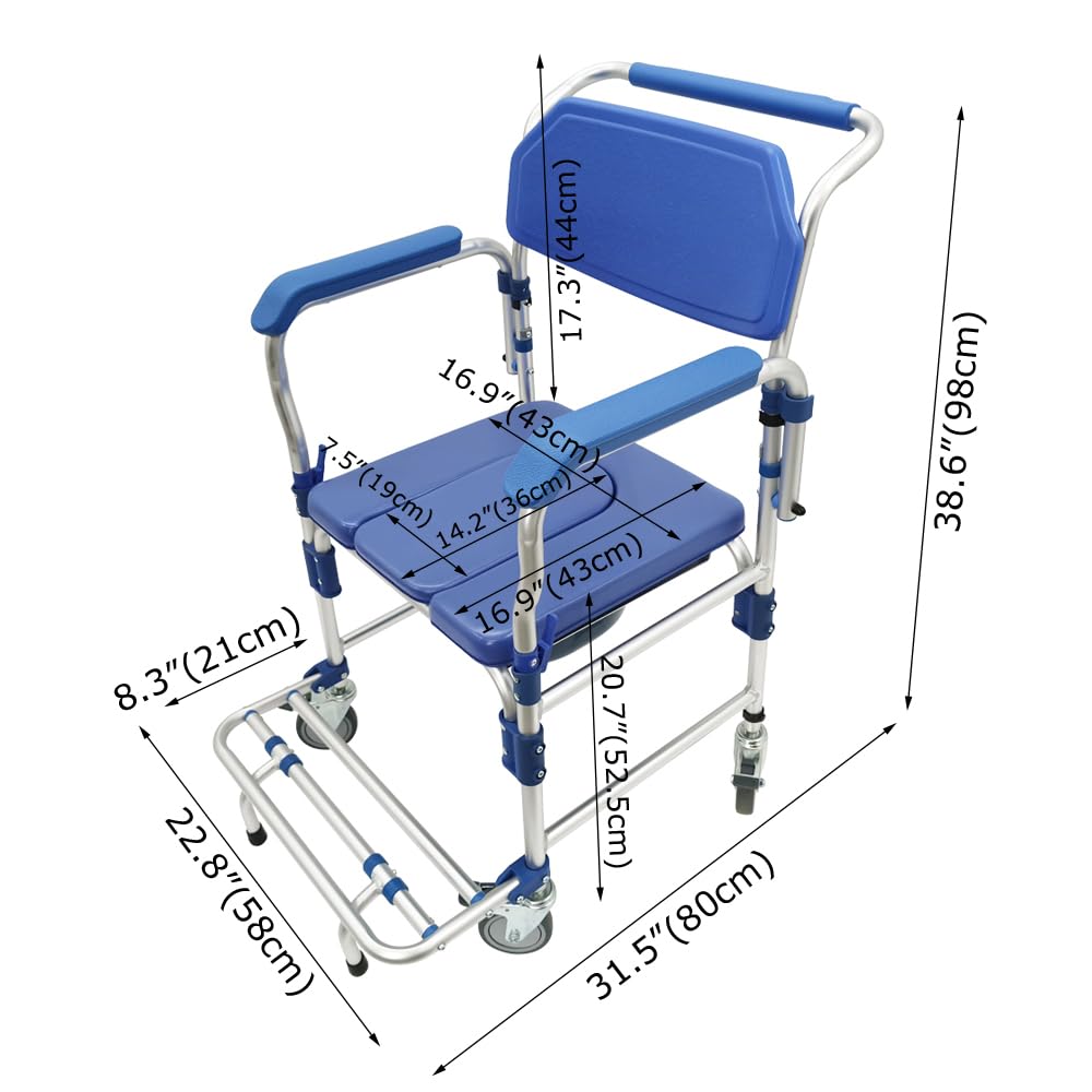 TECHTONGDA Toilet Wheel Chair Rolling Shower Chair Bathroom Wheelchair with Removable Armrests Aluminum Alloy Commode Transport Chair 330lb Capacity