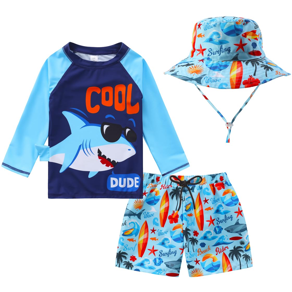 Baby-Boys Toddler Long Sleeved Rashguard Swim Bathing Suit and Sun Hat Set
