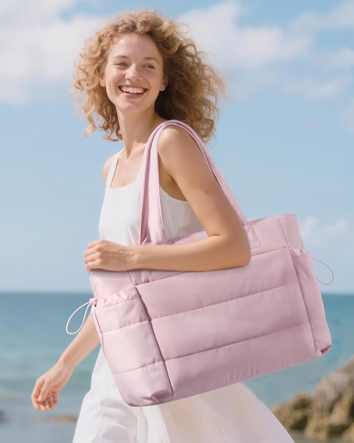 LOVEVOOK Tote Bag for Women with Giant Tumbler Holder Pocket, Puffer Work Travel Laptop Handbag with Zipper for Nurse Teacher - Image 2