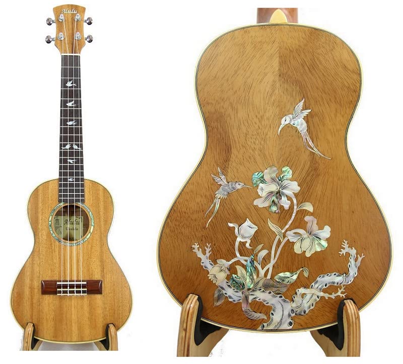 Alulu Handmade Solid Acacia Koa Tenor Ukulele with Hummingbird Pattern-01 Mother of Pearl Inlay. Including One Hard Case.