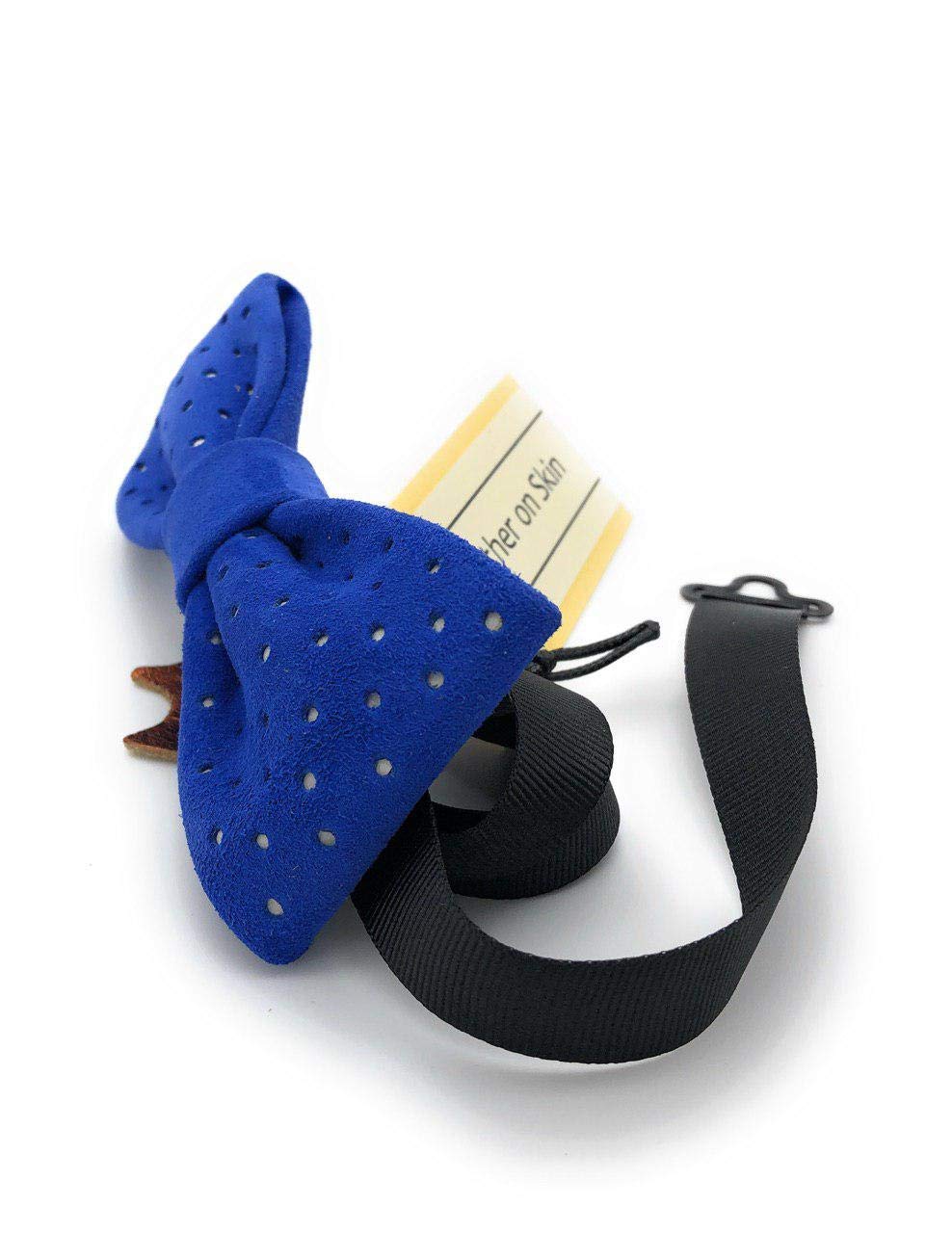 Papillon uomo in Vera Pelle - fatto a mano - Blu reale e pois bianchi
