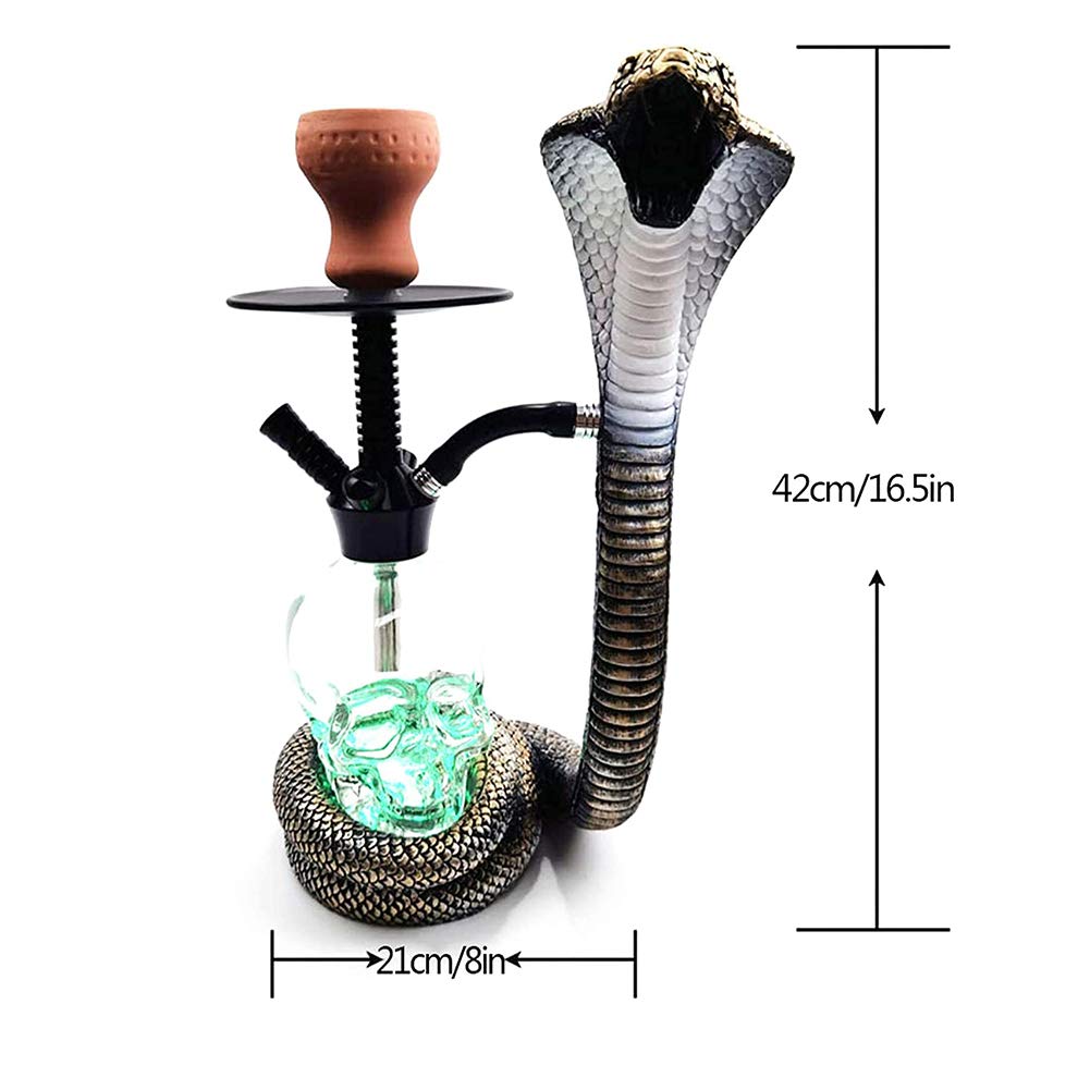 Juego completo de cachimba LED Shisha Kit completo de cuenco de arcilla de un solo tubo Kit en forma de cobra Gran humo Vidrio en forma de calavera con cuenco y tarro de silicona para narguile