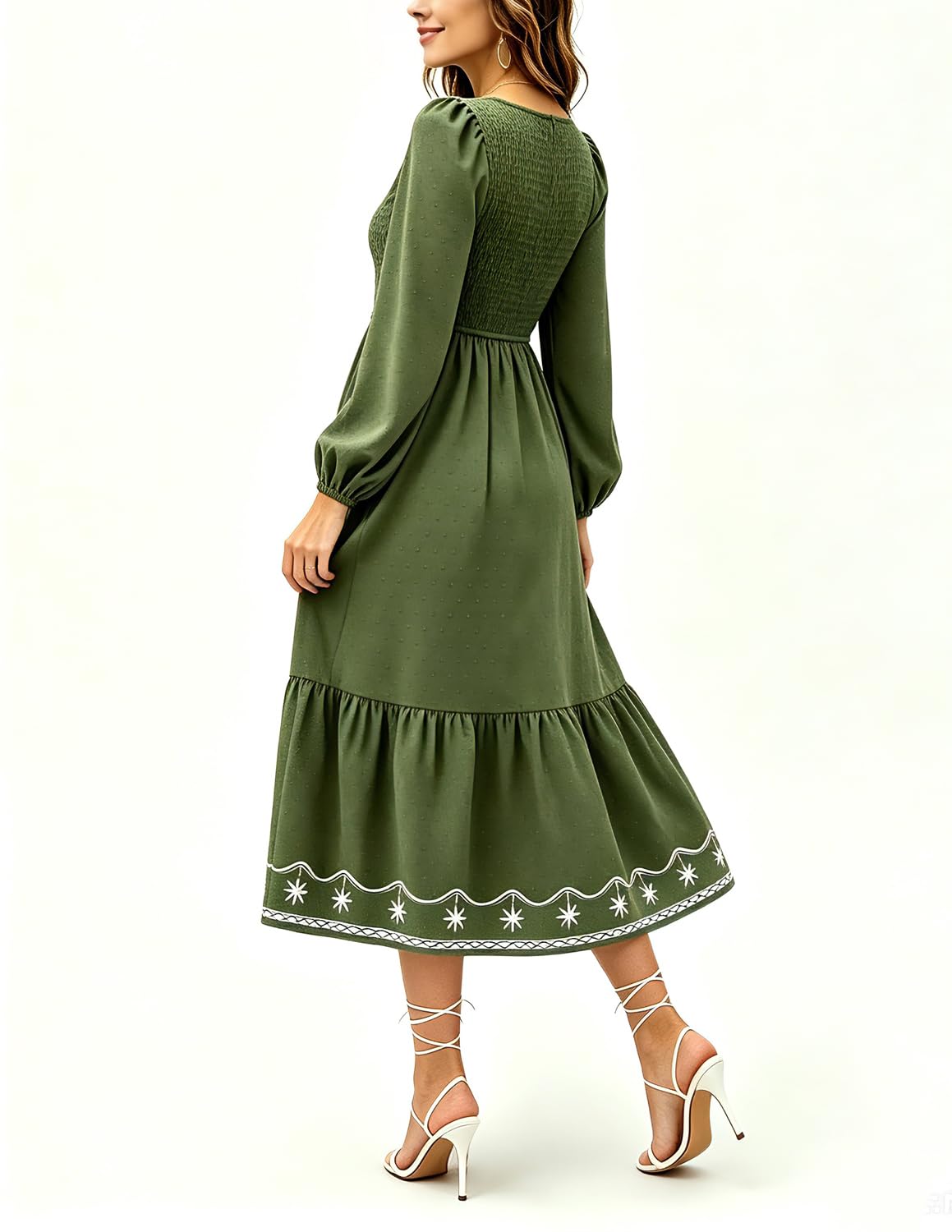 Damen Midikleid Langarm Quadratausschnitt Boho Kleid mit Stickerei Smocked Taille luftiges Freizeitkleid für Alltag Urlaub Party