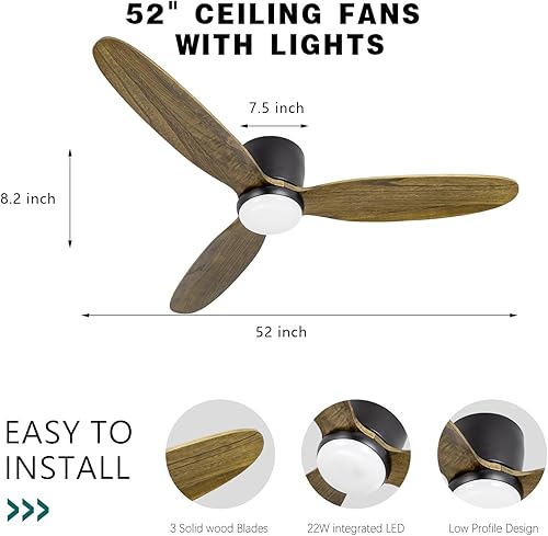 Miniatura 4 de OUATER Ventilador de techo de montaje empotrado con madera clara, ventiladores de techo modernos de perfil bajo de 52 pulgadas para