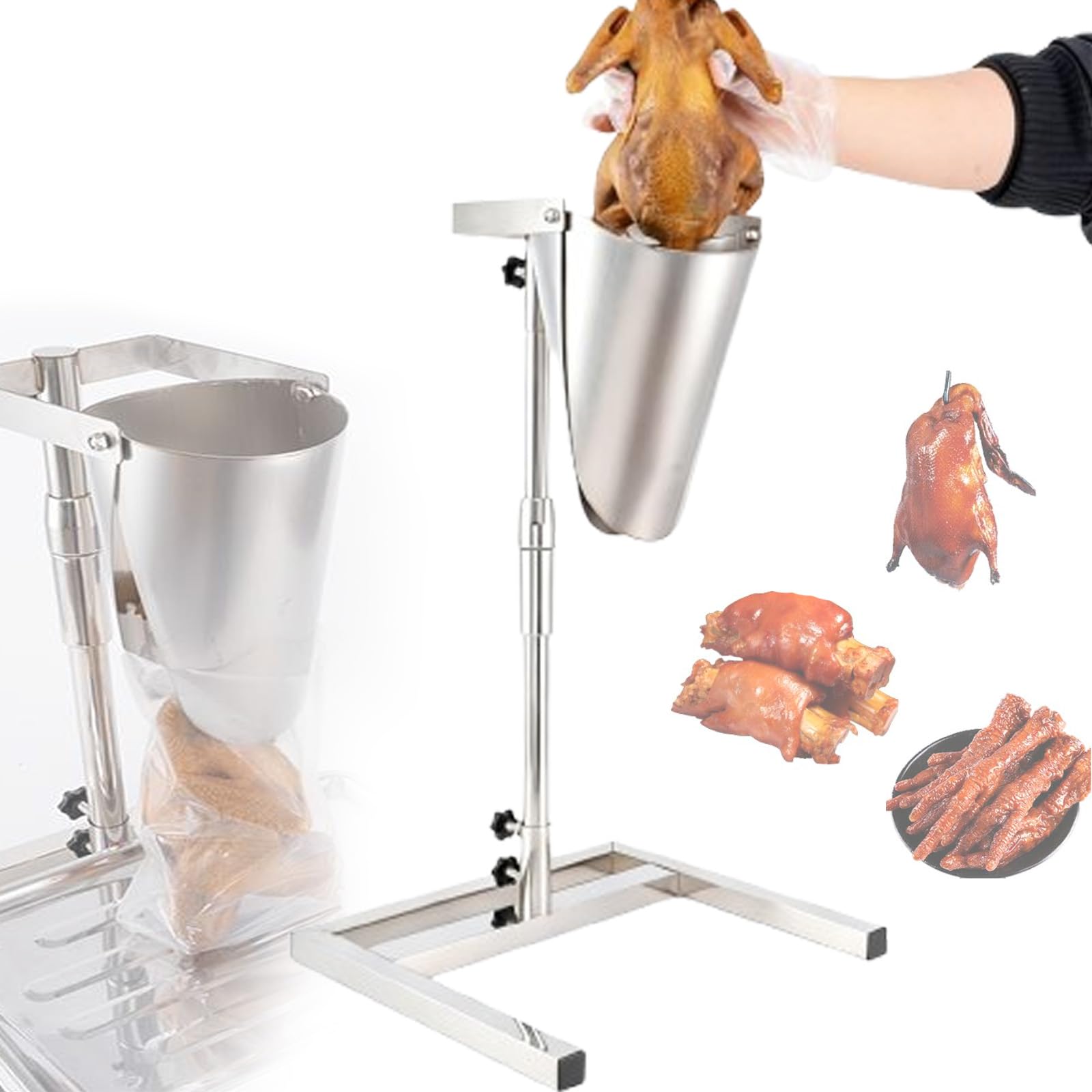 Trichter aus Edelstahl, höhenverstellbar mit Halterung, geeignet für Lebensmittelverpackungen.